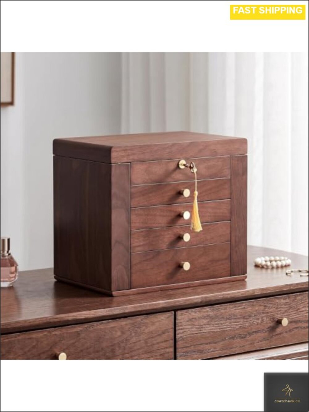 Black Walnut Wooden 5-Layer Jewelry Box with Mirror and Lock